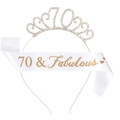Glittering silver 70th birthday crown and white 70 & Fabulous satin sash set - 70th Birthday Gold Combo