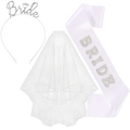 Bridal shower set with silver Bride headband, white veil, and pearl sash for wedding party - Bride Accessories Kit Style Two White Zirconia