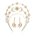 Golden Baroque star and moon crown with matching crystal drop earrings set for women - Triple Layer Headband Set (FG185)