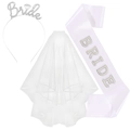 Three-piece bridal set with Bride headband, tulle veil, and pearl sash for parties - Bride Accessories Kit Style Three White Zirconia