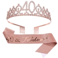 Kit 40ème anniversaire or rose avec écharpe pailletée et diadème en strass chic - 40ème Couronne Or Rose et Écharpe Or Rose