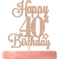 Rose gold glitter Happy 40th Birthday cake topper with decorative stars for party - Happy 40th Birthday