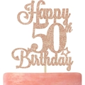 Sparkling rose gold glitter cake topper featuring Happy 50th Birthday text with star - Happy 50th Birthday
