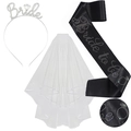 Set 3 pezzi con fascia nera Bride to be, tiara di strass e velo in tulle bianco - Stile 3 / Set da 3 pezzi / Raso Nero Bianco K