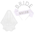 Coffret accessoires mariée avec bandeau BRIDE en strass, voile blanc et écharpe satin - Ensemble Mariée 3 Pièces
