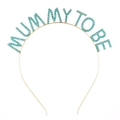 Golden Mummy To Be headband with blue rhinestones for baby shower party celebrations - Lake Blue Gold Trim (MUMMY TO BE)