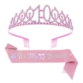 Tiara di strass rosa con numero 10 e fascia di compleanno coordinata per festa - Età 10 Set Rosa