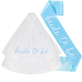 Himmelblaue Schärpe Bride to Be mit passendem weißem Tüllschleier für Junggesellenabschiede - Blau Set