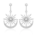 Elegant silver star and moon drop earrings with sparkling white crystals for women - EH009 Moon Earrings