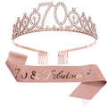 Parure 70e anniversaire or rose avec diadème cristal et écharpe scintillante - 70ème Couronne Or Rose et Écharpe Or Rose