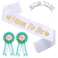 Set de Baby Shower avec écharpe Mom To Be, couronne en strass et badges vert menthe - Écharpe Blanc Vert Tiara Et Badges