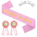 Kit fête prénatale rose avec écharpe en satin, badges en fer-blanc et diadème strass - Écharpe Blanc Rose Tiara Et Badges