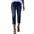 Dettaglio jeans blu scuro slim fit con orli sfilacciati e lavaggio vintage con baffature - S / Blu scuro