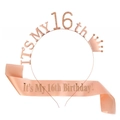 Set 16° compleanno oro rosa con tiara di cristallo e fascia in raso per ragazze - Stile 16 Compleanno