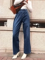 Retro denim jeans met hoge taille en wijde pijpen in donkerblauw met vintage wassing - S / Donkerblauw