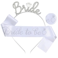 Diadema Bride plateada con diamantes y banda Bride to Be blanca de satén - Diadema Plateada Y Banda Satén Blanco