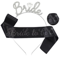 Silver rhinestone Bride headband and black glitter Bride to be satin sash party set - Silver Headband And Black Satin Sash