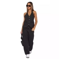 Damen Denim Weste in Schwarz mit passender weiter Hose und schickem Neckholder Design - S / Schwarz