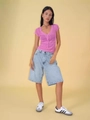 Top de punto rosa calado con cuello en V y pantalones cortos vaqueros retro azul claro - S / Azul claro