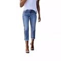 Jeans attillati elasticizzati da donna in blu chiaro con orlo sfrangiato e cinque tasche classiche - S / Azzurro