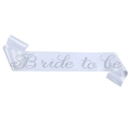 White satin Bride to Be sash with silver rhinestone lettering for bridal shower party - White Satin Sash