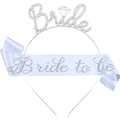 Bride to Be set with silver rhinestone headband and light blue satin sash for parties - Silver Headband And White Satin Sash