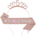 Set 5e anniversaire en or rose avec diadème strass et écharpe rose pailletée pour filles - Style Or Rose 5ème Anniversaire