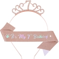 Rose gold 7th birthday party set with crystal rhinestone tiara and glitter sash - 7th Birthday Rose Gold Style