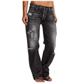 Detailaufnahme von stark abgenutzten Stellen und Rissen an dunkelgrauen Straight-Leg-Jeans - XS / Schwarz und Grau