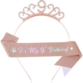 Rose gold 9th birthday set including rhinestone tiara and glitter sash for girls - 9th Birthday Rose Gold Style