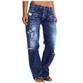 Detailaufnahme der dunkelblauen Straight-Jeans im Vintage-Look mit Rissen an den Knien - XS / Dunkelblau