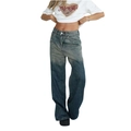 Detail of vintage low-rise wide-leg jeans with faded wash and cat-whisker texture - S / Vintage Blue