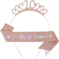 Rose gold 10th birthday set with rhinestone princess tiara and glittery party sash - 10th Birthday Rose Gold Style