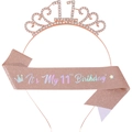 Rose gold rhinestone crown and pink sequin sash set for 11th birthday party celebration - 11th Birthday Rose Gold Style