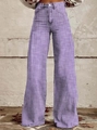 Vista de detalle del pantalón ancho de rayas verticales moradas con cintura alta de denim - Púrpura