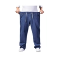 Men's loose plus size straight-leg jeans in dark blue with elastic waist and white drawstring - M / Dark Blue