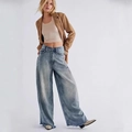 Retro hellblaue gewaschene High Waist Jeans mit weitem Bein und Vintage Fransen am Saum - S / Blau Schwarz