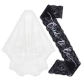 Bridal party set with white layered short veil and black lace Bride to be shoulder sash - Black Snowflake Laser Text Sash + White Veil (JD191)