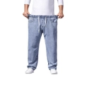 Light blue wide-leg denim jeans for men with elastic waist and white drawstring detail - M / Light Blue
