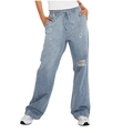 Detail of light blue ripped jeans showing distressed texture and drawstring waist - S / Light Blue