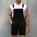 Detail of adjustable metal hooks and denim pocket on men's black overall shorts - S / Black