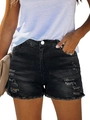 High-waisted black denim shorts with ripped details and raw hem in vintage washed style - S / Black