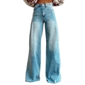 Detail of light blue high-waisted wide-leg jeans with retro washed finish and front seams - S / Light Blue