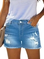 Women's high waist denim shorts with frayed hem and ripped details in light blue - S / Light Blue