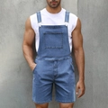 Detail of blue denim overalls shorts with front pocket and adjustable silver buckles - S / Dark Blue