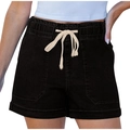 Detail of black drawstring denim shorts featuring elastic waist and large front pockets - S / Black