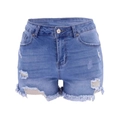 Blue high waisted denim shorts with sequin ripped details and frayed raw hem edges - S / Sequin Ripped Style / Light Blue