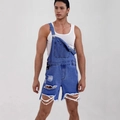 Men's blue distressed denim overalls with ripped details and adjustable metal buckles - S / Dark Blue