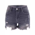 Women's high waist distressed denim shorts in vintage dark grey with frayed raw hems - S / Regular Ripped Style / Gray
