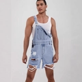 Men's light blue distressed denim dungaree shorts with ripped details and single strap - S / Light Blue